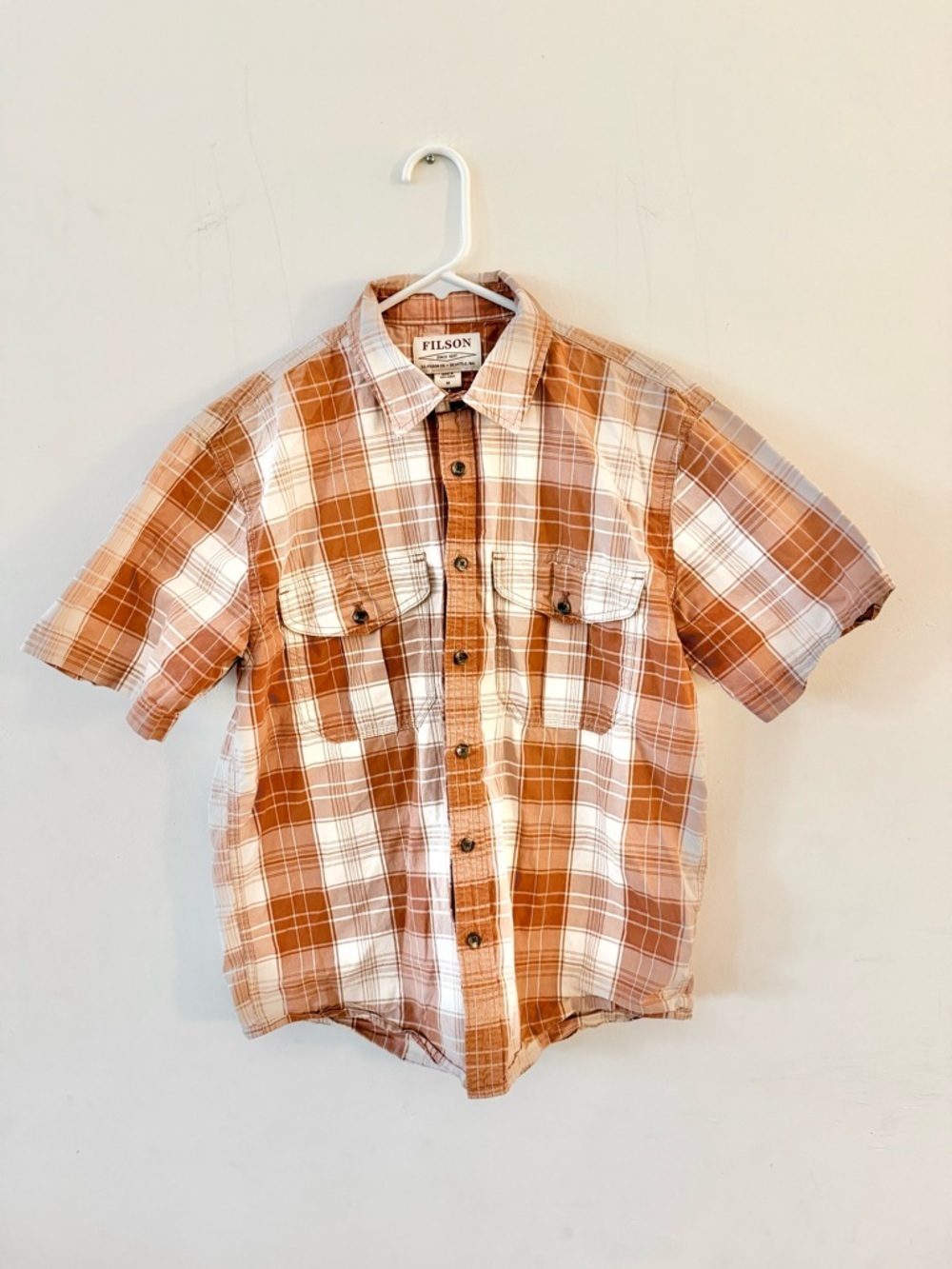 Filson short sleeve button down Brown and Cream Plaid Shirt, Medium